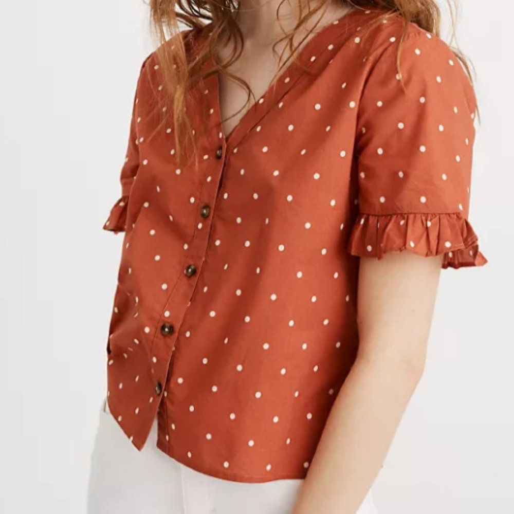 Madewell Village Ruffle-Sleeve Shirt in Polka Dot, Size XS
